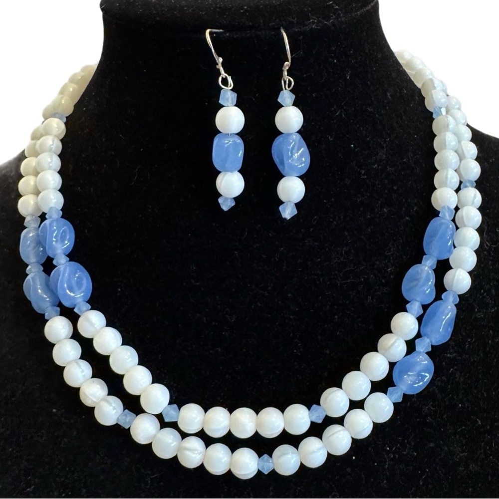 Periwinkle Blue Multi Strand Statement Necklace and Earrings Set 925 Sterling